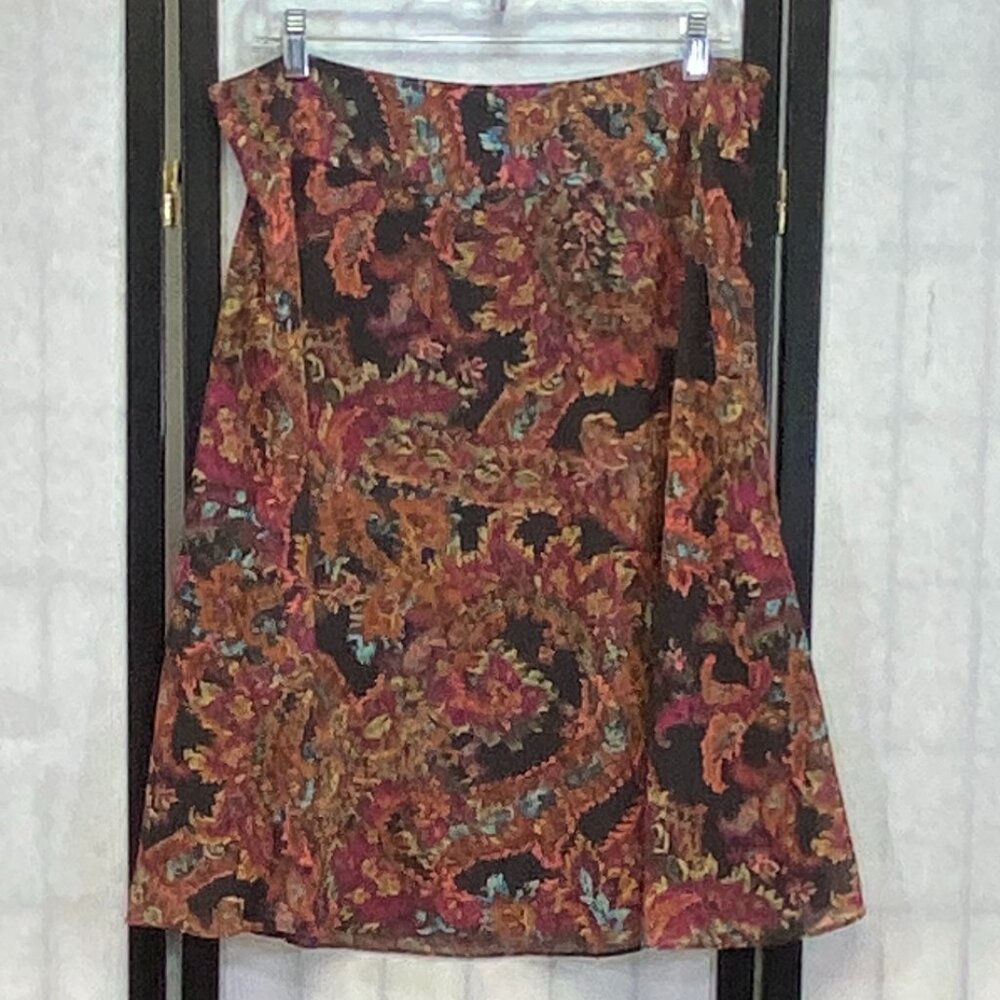 Liz Clairborne Sheer Floral Lined A-Line Skirt Wide Waistband Black Maroon 12